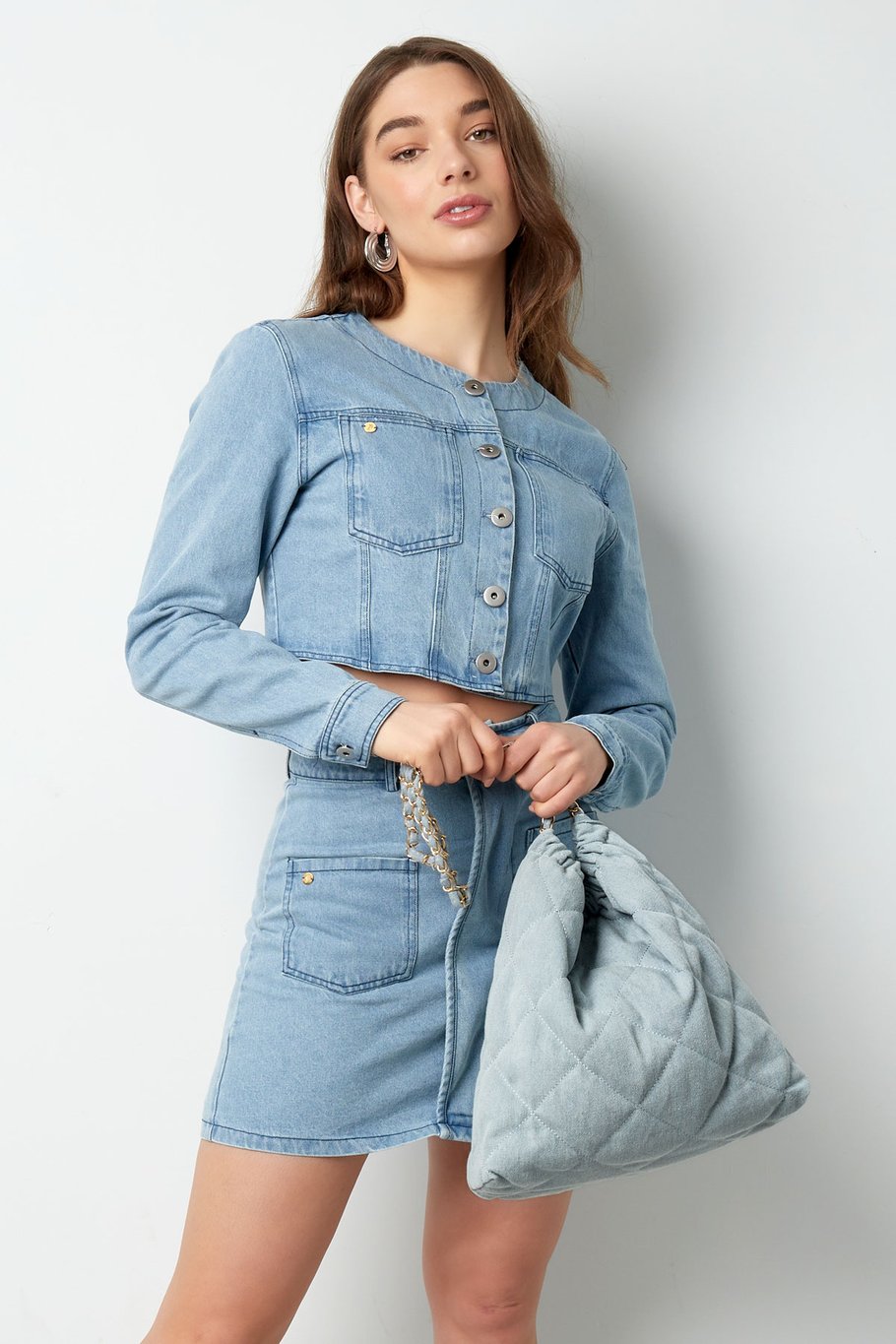 Denim bag with stitched motif and chain - dark blue Picture6